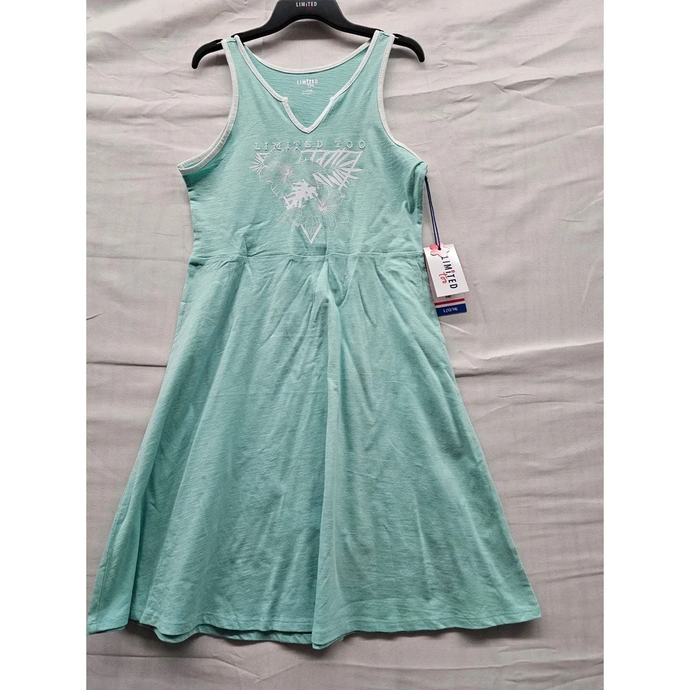 Limited Too Girls Sleeveless Graphic Dress Blue Cotton Casual‎ Size Large 12/14